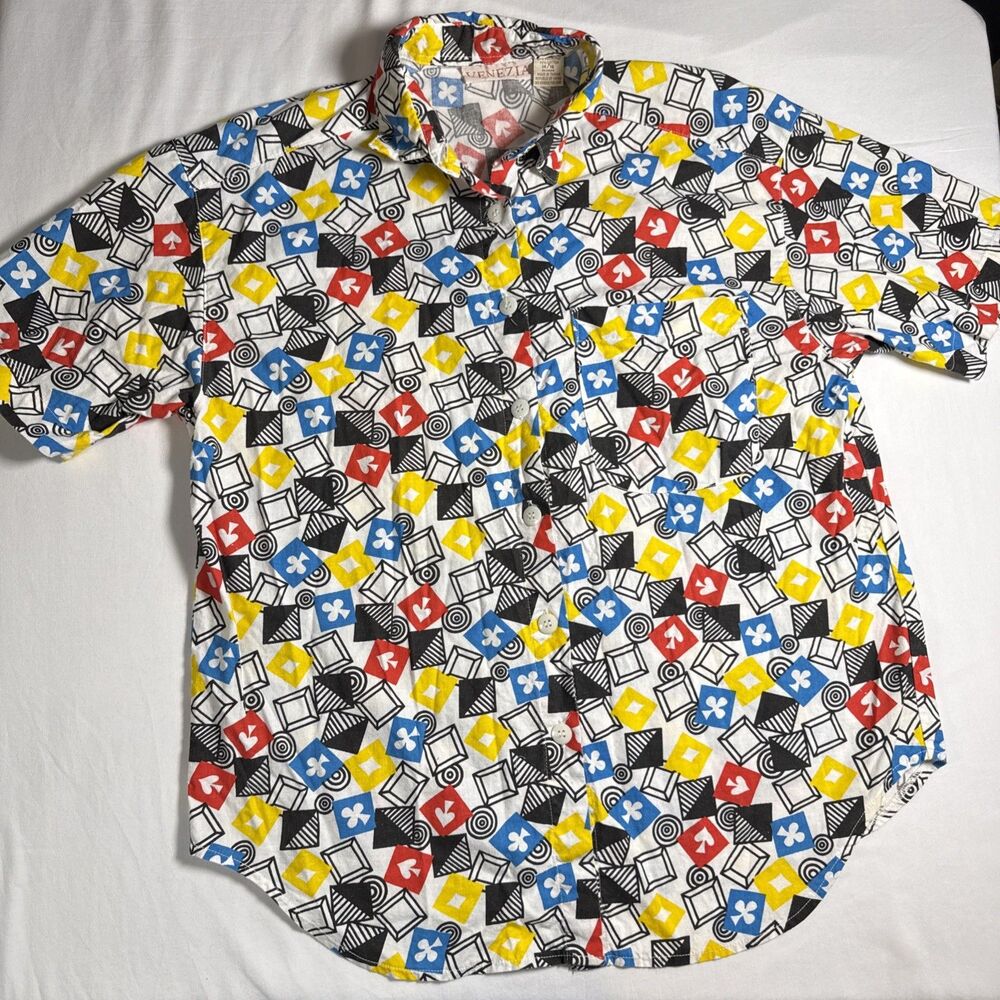 Venezia Vintage Colorful Geometric Pattern Button Up Shirt-Size 14/16 Spade Ace